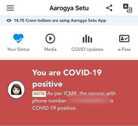 Sonam's status on Aarogya Setu aap